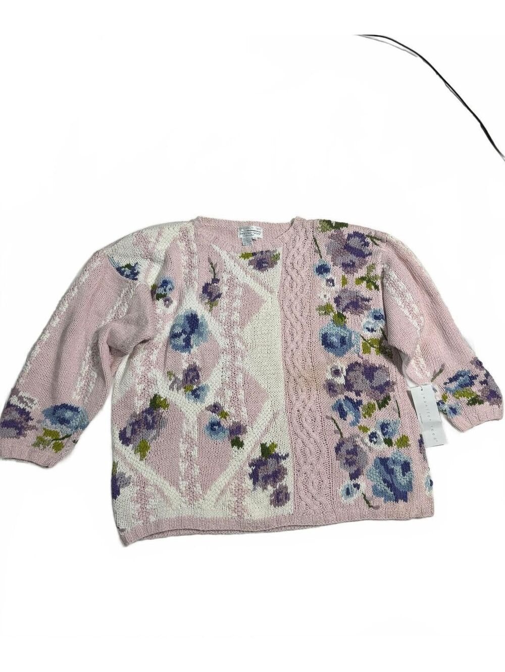 NWT 90s Jennifer Reed Pink Cotton Blend Floral Embroidered Sweater Size L